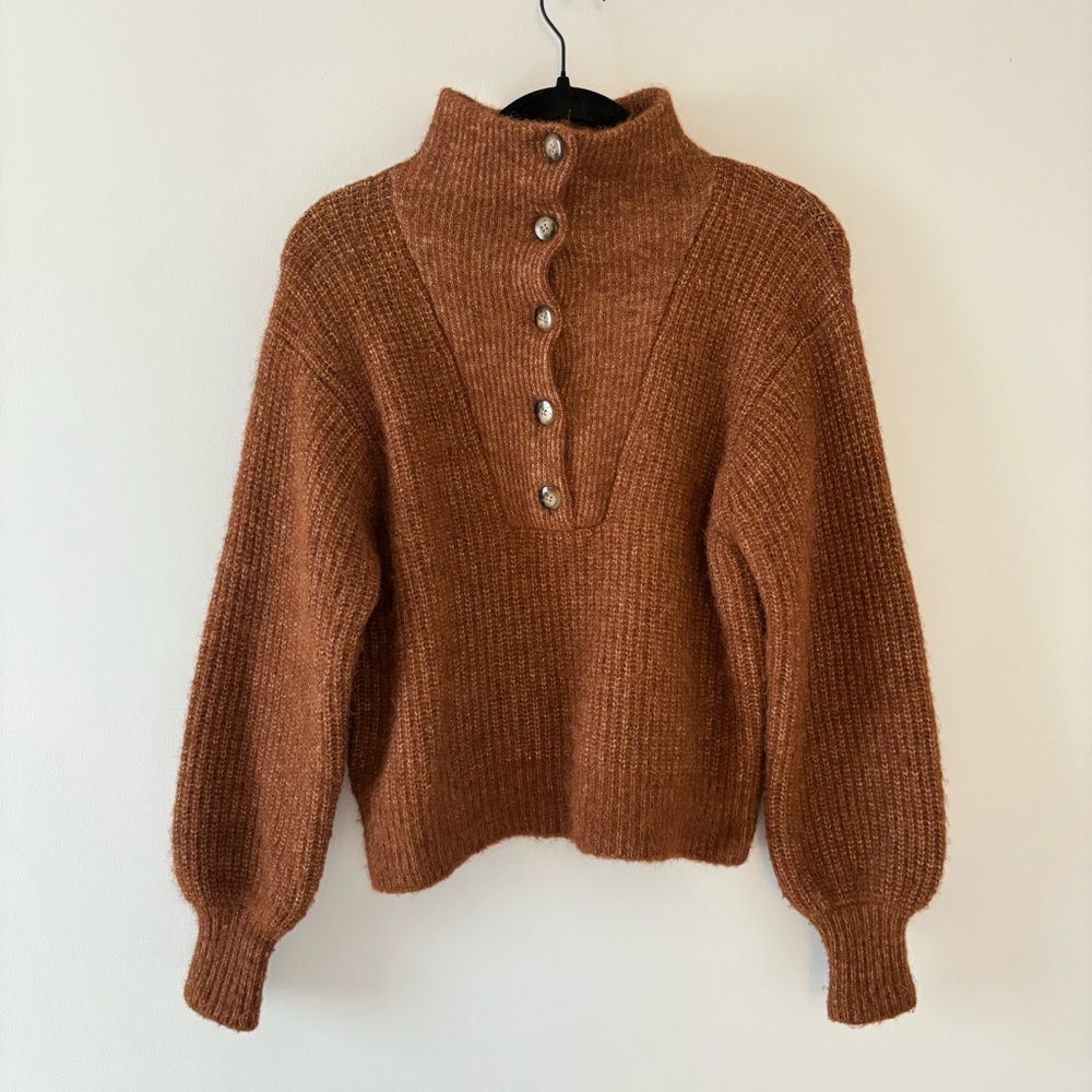 Sezane Micky Jumper Wool Sweater Pullover Balloon Sleeves Rib Knitting Hazelnut - Picture 3 of 8